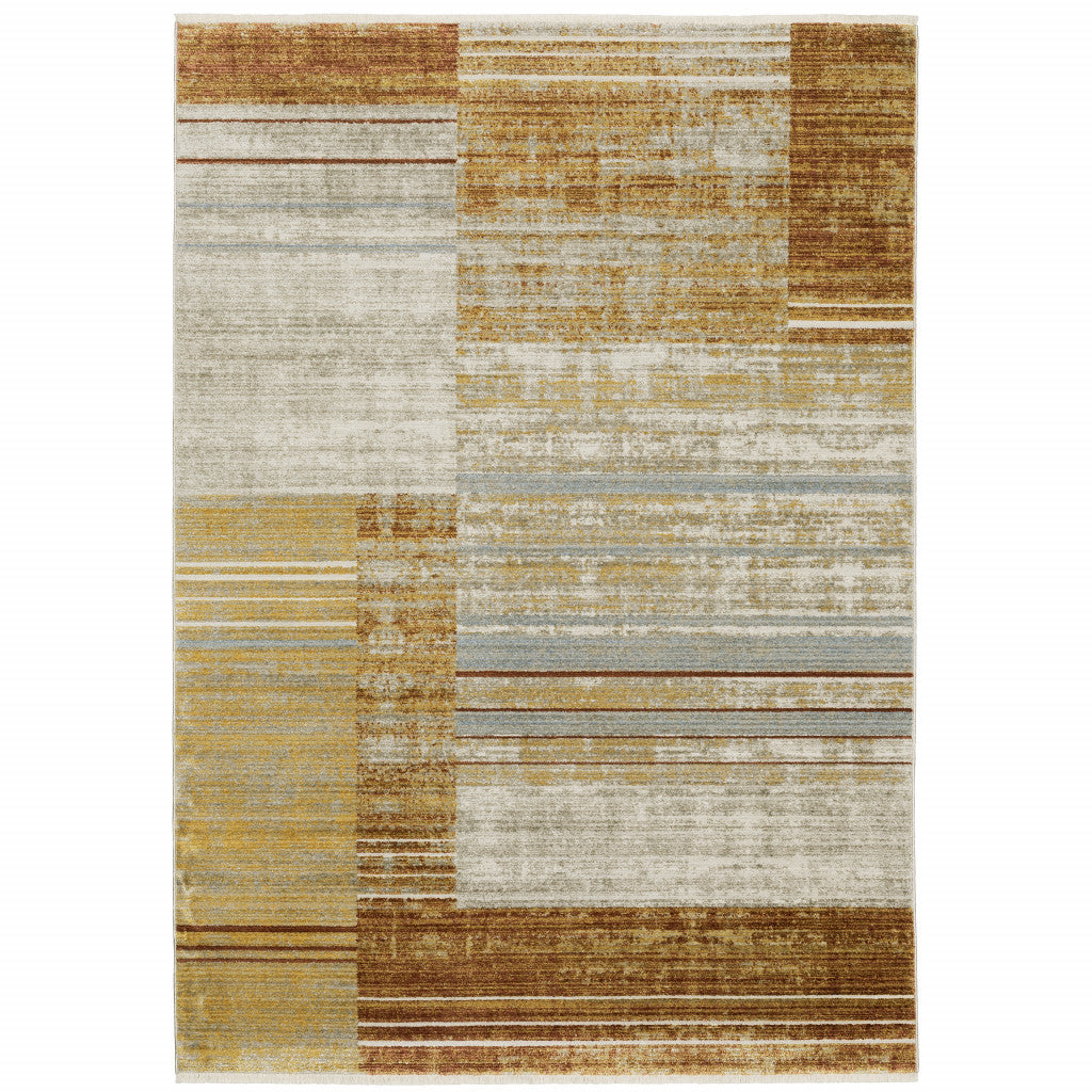 5' X 8' Rust Gold Blue Grey Ivory And Tan Geometric Power Loom Stain Resistant Area Rug With Fringe