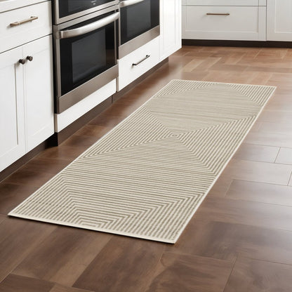 8' Ivory Beige Taupe And Tan Geometric Power Loom Runner Rug With Fringe