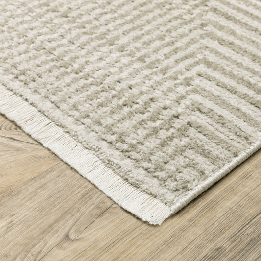 8' Ivory Beige Taupe And Tan Geometric Power Loom Runner Rug With Fringe