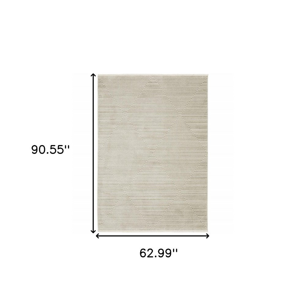 5' x 8' ivory, beige, taupe and tan geometric power loom stain-resistant area rug with fringe