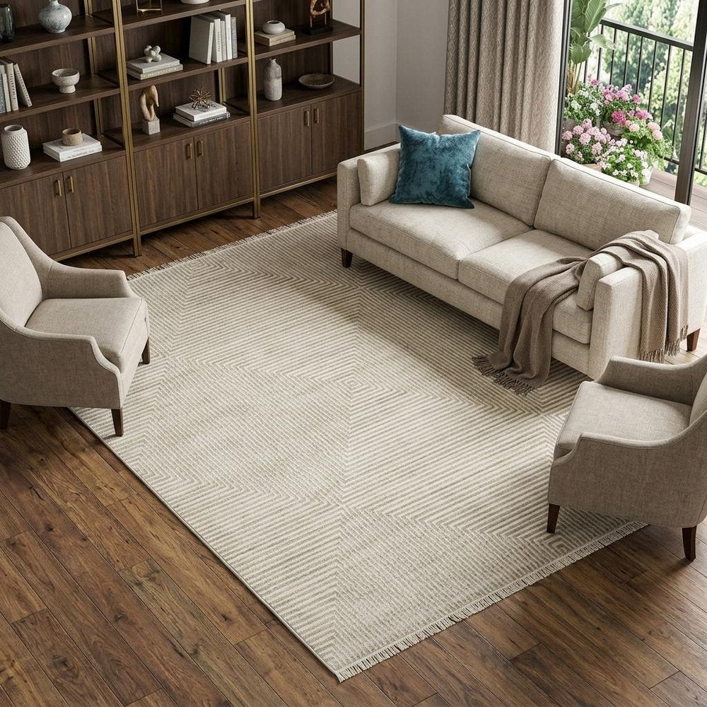 10' X 13' Ivory Beige Taupe And Tan Geometric Power Loom Stain Resistant Area Rug With Fringe