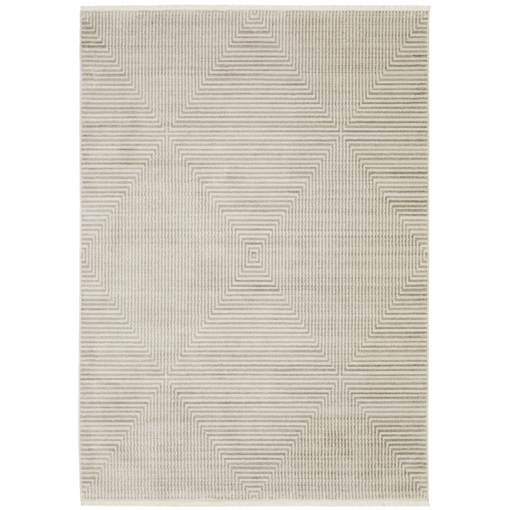 10' X 13' Ivory Beige Taupe And Tan Geometric Power Loom Stain Resistant Area Rug With Fringe