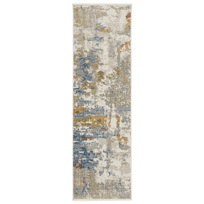 8' beige, grey, gold, blue, rust and teal abstract power loom runner rug with fringe