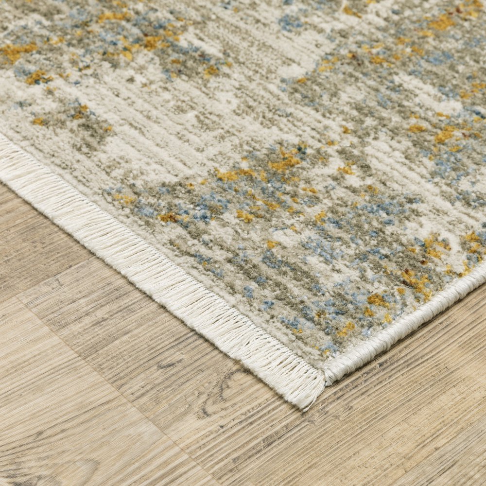 8' beige, grey, gold, blue, rust and teal abstract power-loom runner rug with fringe