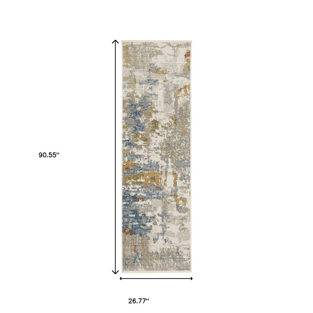 8' runner rug with abstract beige, grey, gold, blue, rust & teal design, power loom, fringe