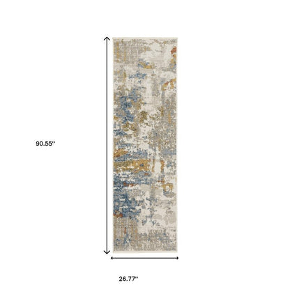 8' runner rug with abstract beige, grey, gold, blue, rust & teal design, power loom, fringe