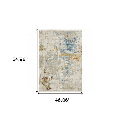 4' X 6' Beige Grey Gold Blue Rust And Teal Abstract Power Loom Stain Resistant Area Rug With Fringe