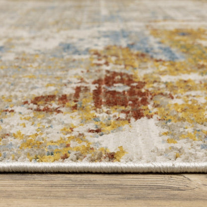 4' X 6' Beige Grey Gold Blue Rust And Teal Abstract Power Loom Stain Resistant Area Rug With Fringe