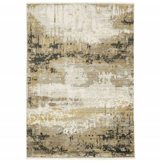 8' X 11' Grey Gold Black Charcoal And Beige Abstract Power Loom Stain Resistant Area Rug With Fringe