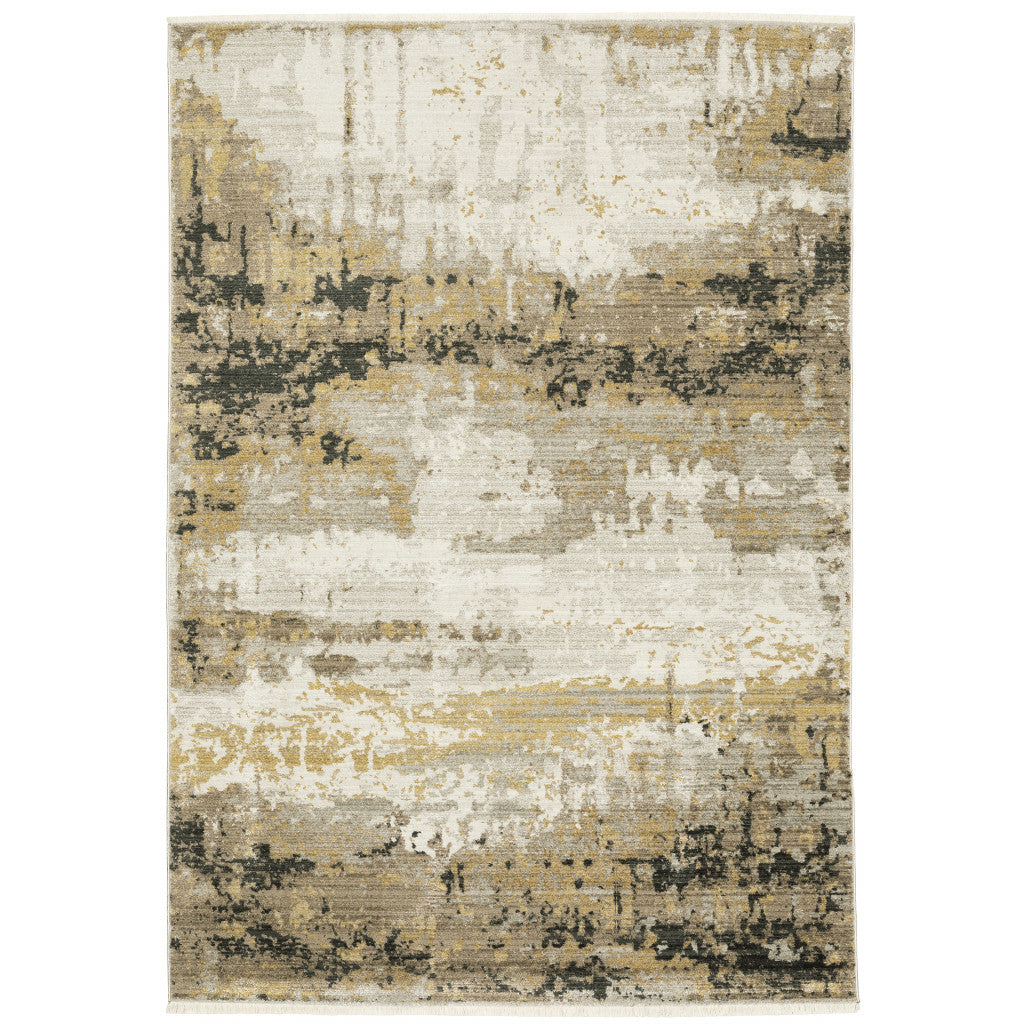 10' X 13' Grey Gold Black Charcoal And Beige Abstract Power Loom Stain Resistant Area Rug With Fringe