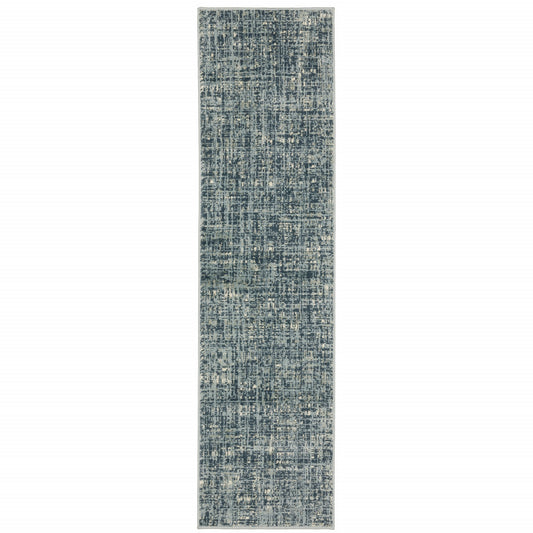 2' X 8' Dark Blue Light Blue Grey Ivory And Beige Abstract Power Loom Stain Resistant Runner Rug