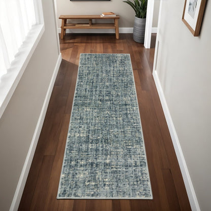 2' X 8' Dark Blue Light Blue Grey Ivory And Beige Abstract Power Loom Stain Resistant Runner Rug