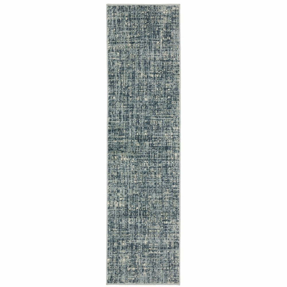2' X 8' Dark Blue Light Blue Grey Ivory And Beige Abstract Power Loom Stain Resistant Runner Rug