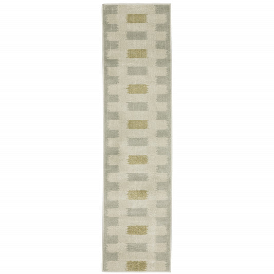 2' X 8' Beige Grey Gold And Green Geometric Power Loom Stain Resistant Runner Rug