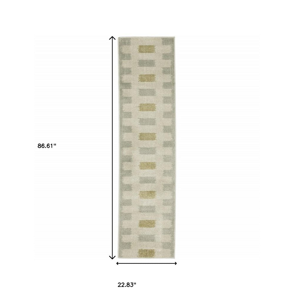 2' X 8' Beige Grey Gold And Green Geometric Power Loom Stain Resistant Runner Rug