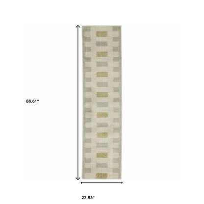 2' X 8' Beige Grey Gold And Green Geometric Power Loom Stain Resistant Runner Rug