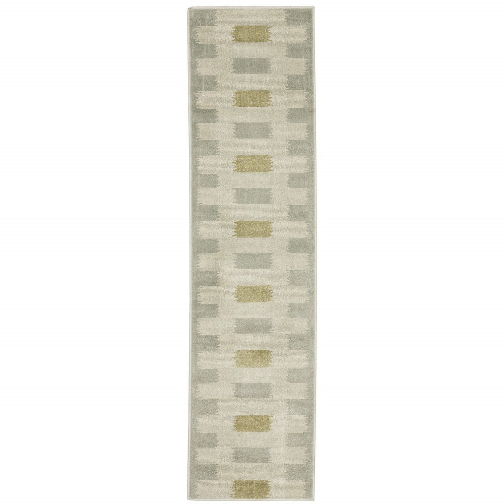 2' X 8' Beige Grey Gold And Green Geometric Power Loom Stain Resistant Runner Rug