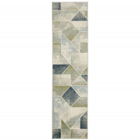 2' X 8' Blue Green Grey Gold And Ivory Geometric Power Loom Stain Resistant Runner Rug