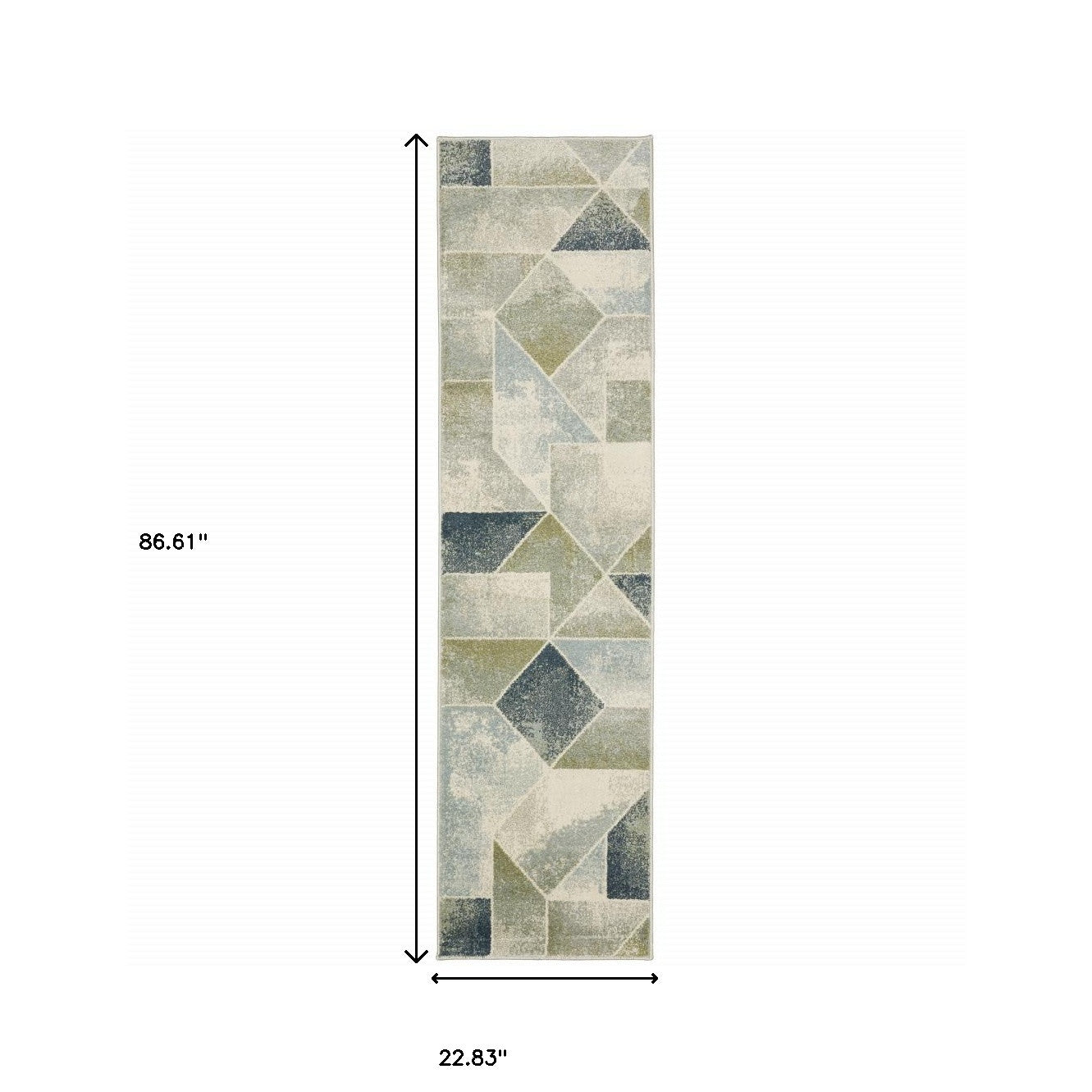 2' X 8' Blue Green Grey Gold And Ivory Geometric Power Loom Stain Resistant Runner Rug