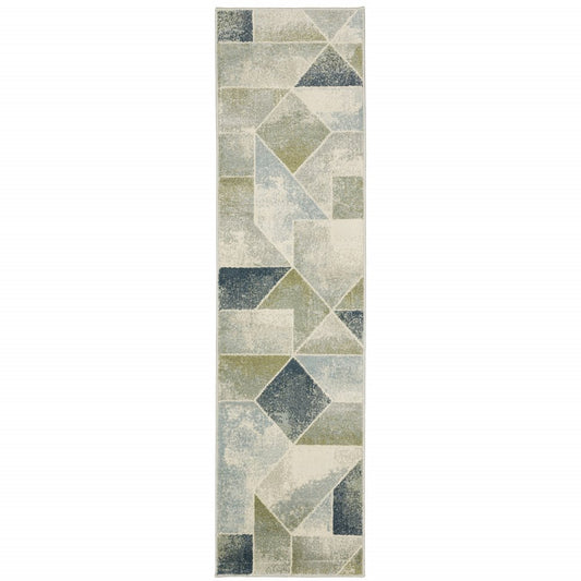 2' X 8' Blue Green Grey Gold And Ivory Geometric Power Loom Stain Resistant Runner Rug