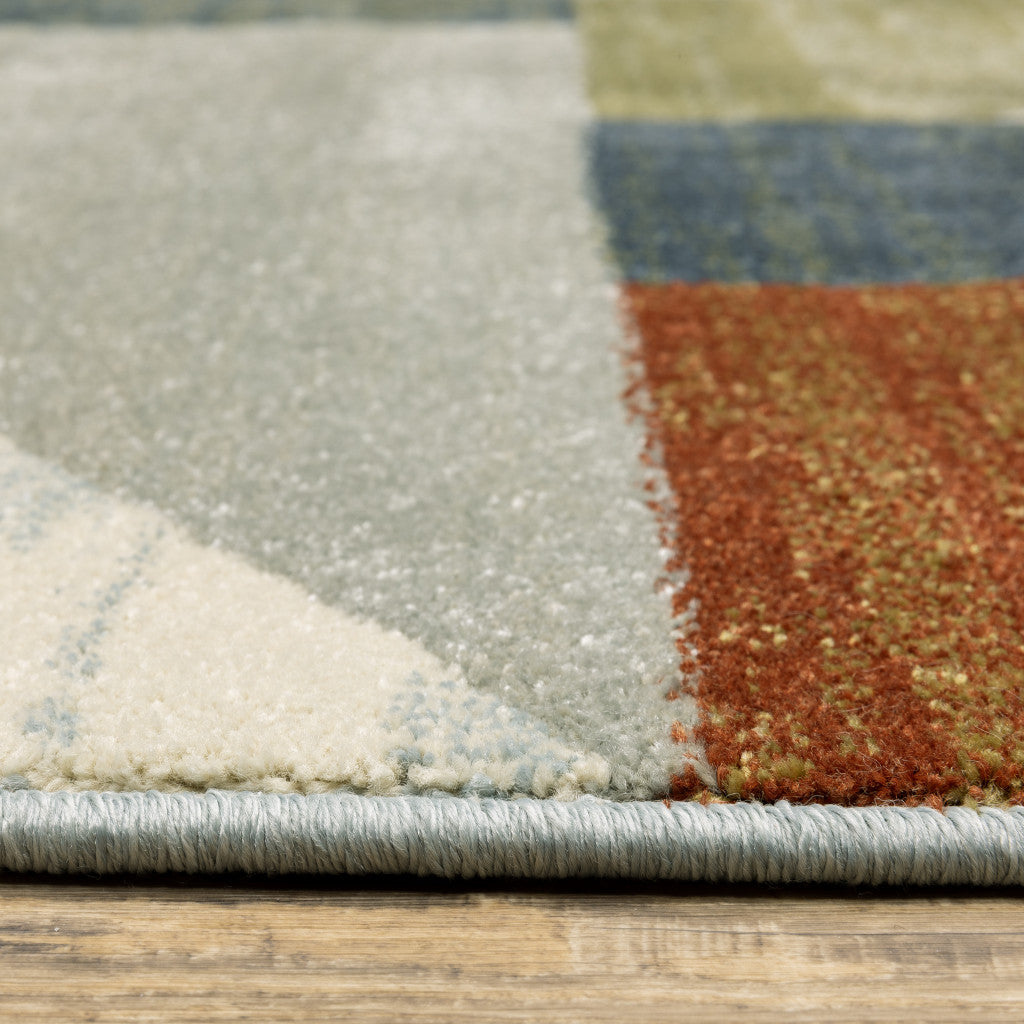 2' X 8' Grey Teal Blue Rust Green And Ivory Geometric Power Loom Stain Resistant Runner Rug