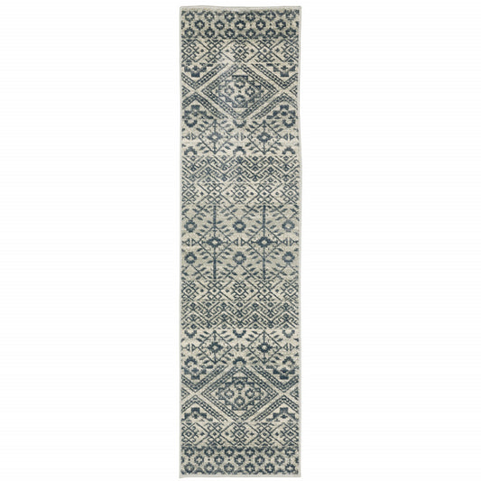 2' X 8' Blue And Beige Geometric Power Loom Stain Resistant Runner Rug