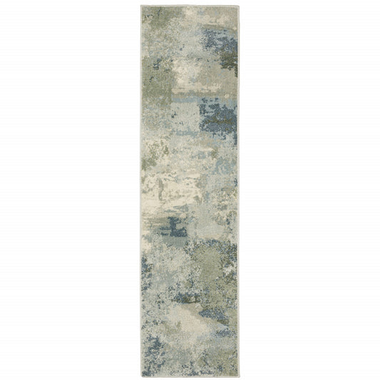 2' X 8' Blue Green Grey And Ivory Abstract Power Loom Stain Resistant Runner Rug