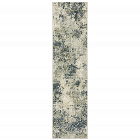 2' X 8' Beige Teal Grey And Gold Abstract Power Loom Stain Resistant Runner Rug