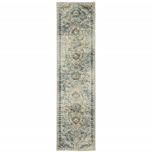 2' X 8' Blue Beige Rust Gold And Teal Oriental Power Loom Stain Resistant Runner Rug