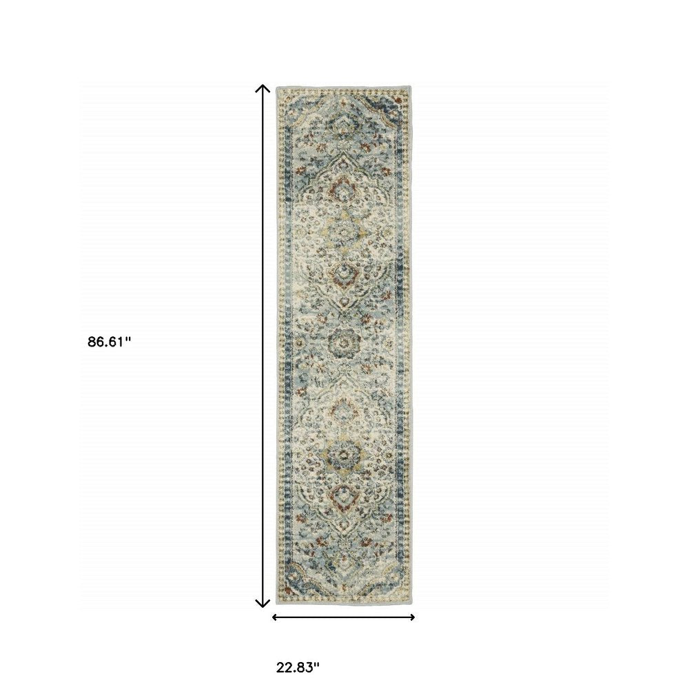 2' X 8' blue beige rust gold and teal oriental power loom stain resistant runner rug