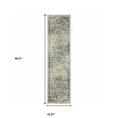 2' X 8' blue beige rust gold and teal oriental power loom stain resistant runner rug