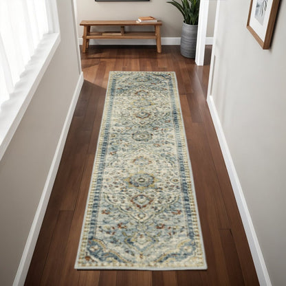 2' x 8' blue beige rust gold and teal oriental power loom runner rug with stain resistant finish.