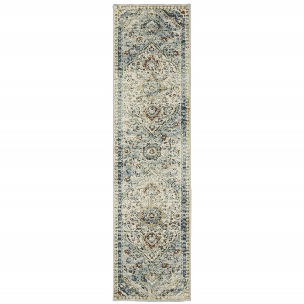 2' x 8' blue beige rust gold and teal oriental power-loom stain-resistant runner rug