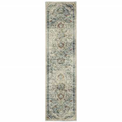 2' x 8' blue beige rust gold and teal oriental power-loom stain-resistant runner rug