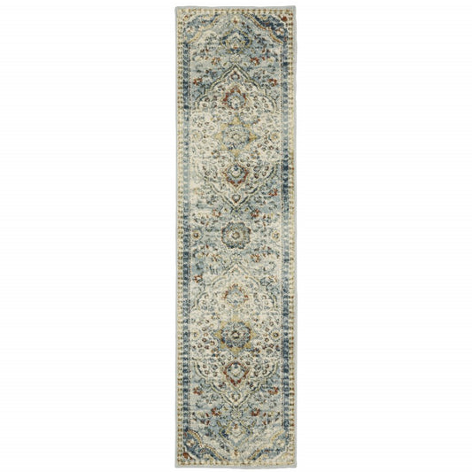 2' x 8' blue beige rust gold and teal oriental power-loom stain-resistant runner rug