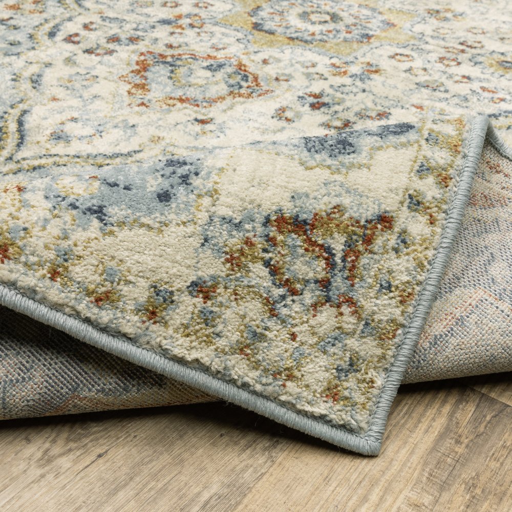 2' x 8' blue beige rust gold and teal oriental power loom stain resistant runner rug