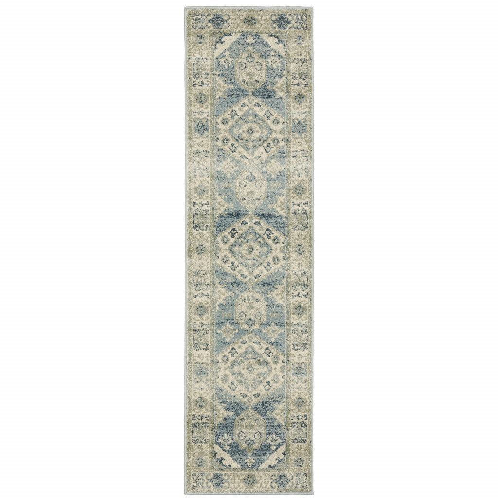 2' X 8' Blue Grey Beige And Teal Oriental Power Loom Stain Resistant Runner Rug