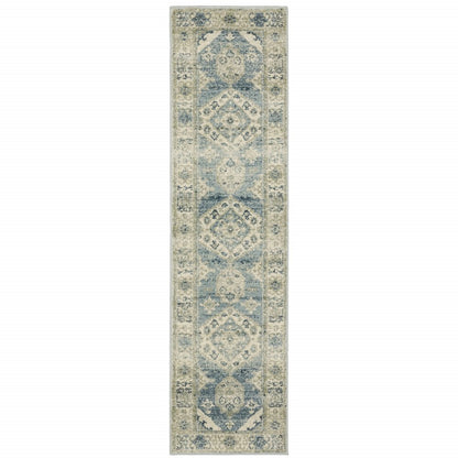 7' Blue And Beige Oriental Distressed Runner Rug