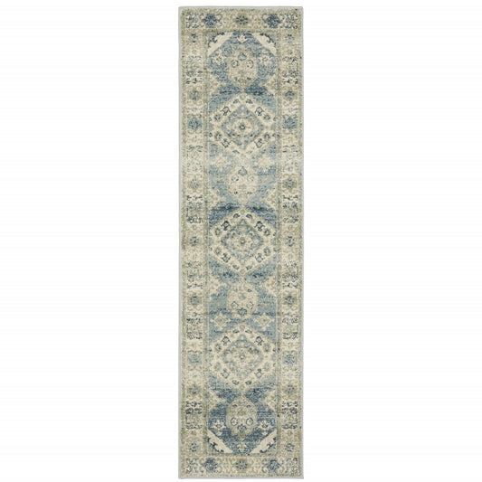 7' Blue And Beige Oriental Distressed Runner Rug
