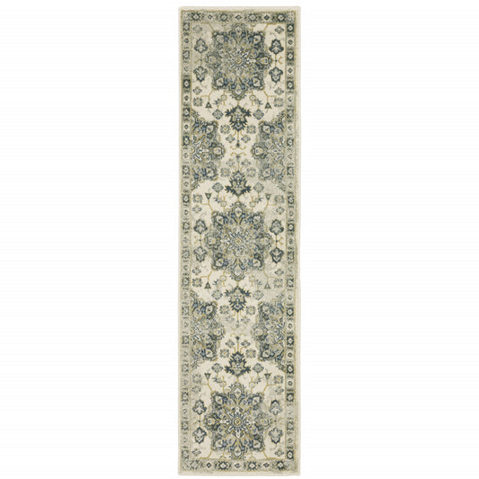 2' X 8' Ivory Blue Teal Grey And Olive Green Oriental Power Loom Stain Resistant Runner Rug