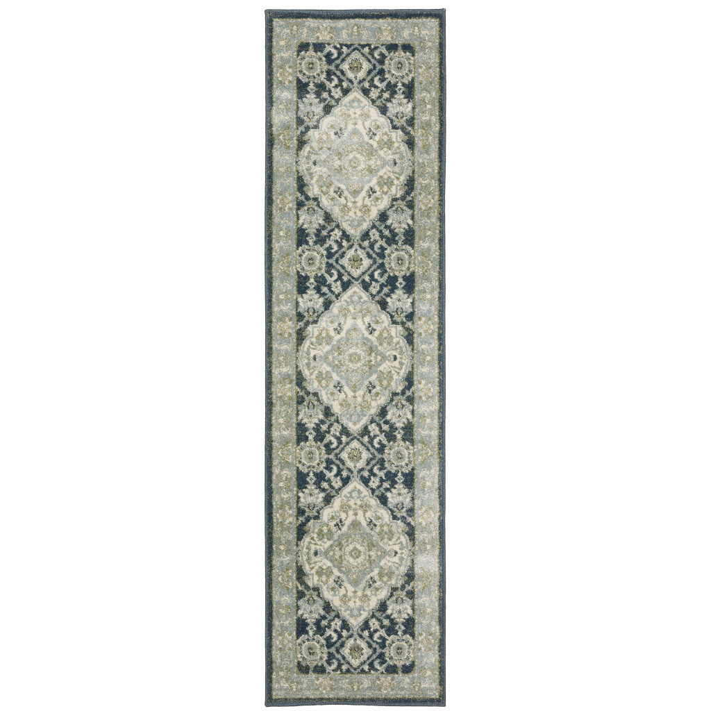 2' X 8' Teal Blue Ivory Green And Grey Oriental Power Loom Stain Resistant Runner Rug