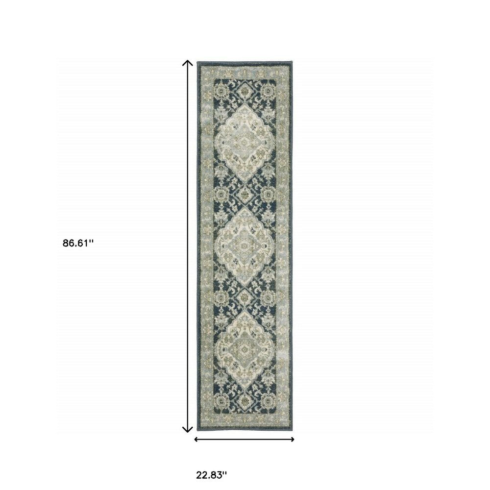 2' X 8' Teal Blue Ivory Green And Grey Oriental Power Loom Stain Resistant Runner Rug