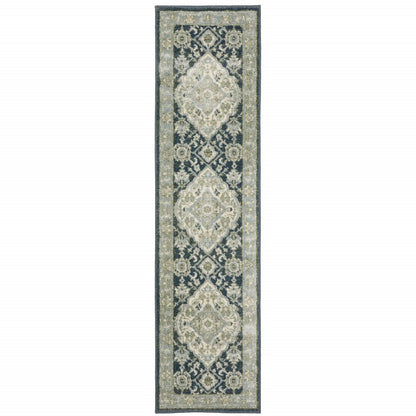 2' X 8' Teal Blue Ivory Green And Grey Oriental Power Loom Stain Resistant Runner Rug