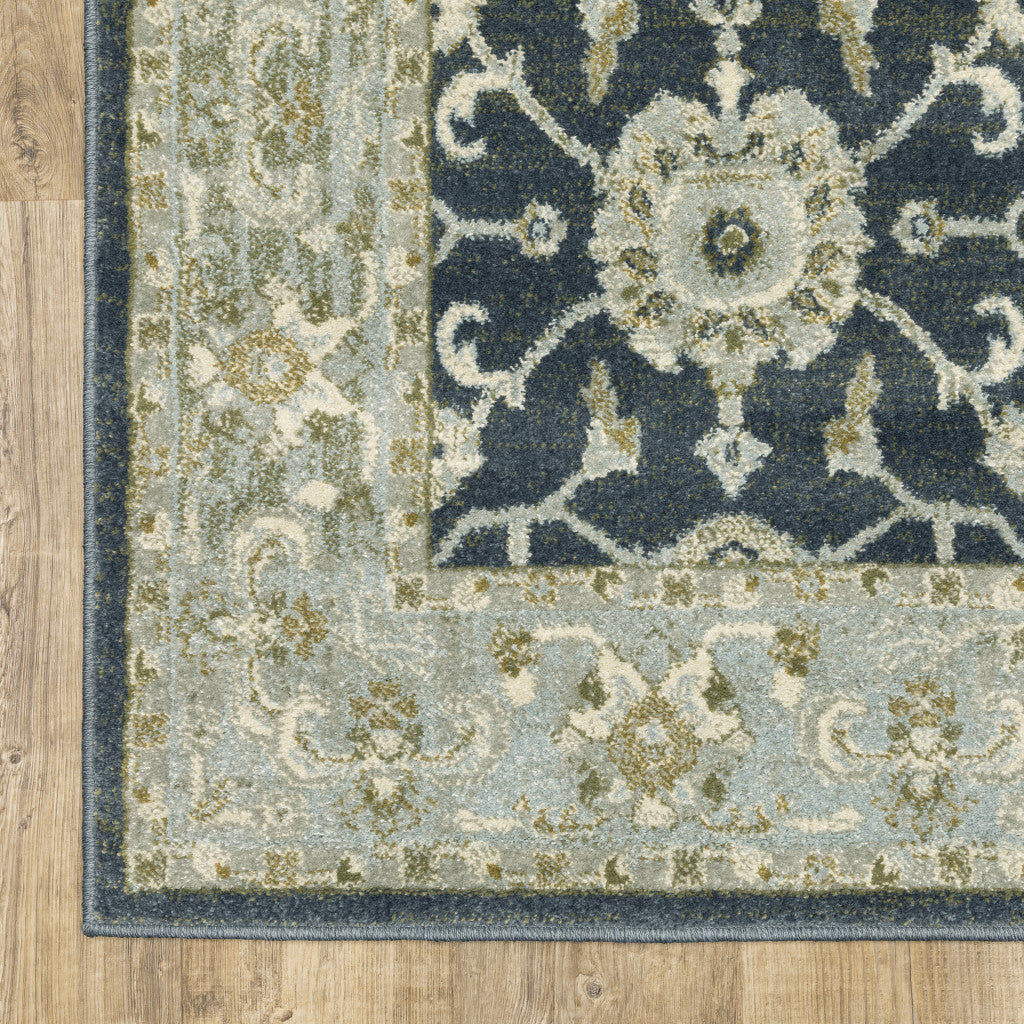 2' X 8' Teal Blue Ivory Green And Grey Oriental Power Loom Stain Resistant Runner Rug