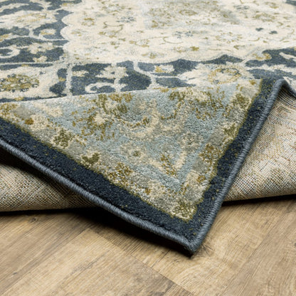 2' X 8' Teal Blue Ivory Green And Grey Oriental Power Loom Stain Resistant Runner Rug