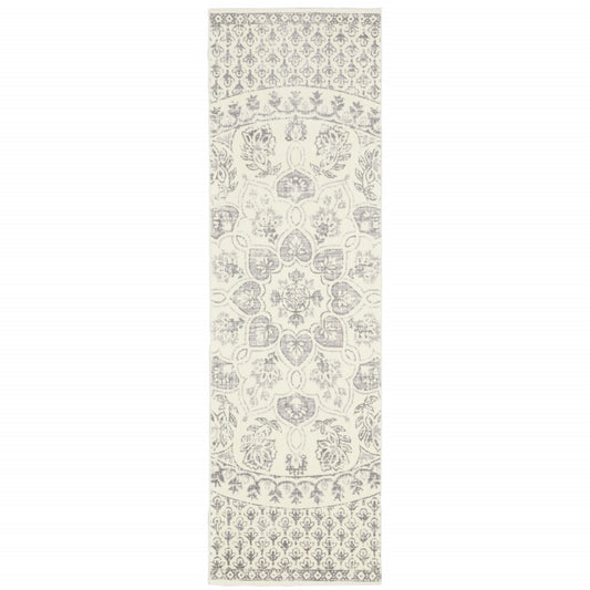 2' X 8' Ivory And Grey Floral Power Loom Stain Resistant Runner Rug