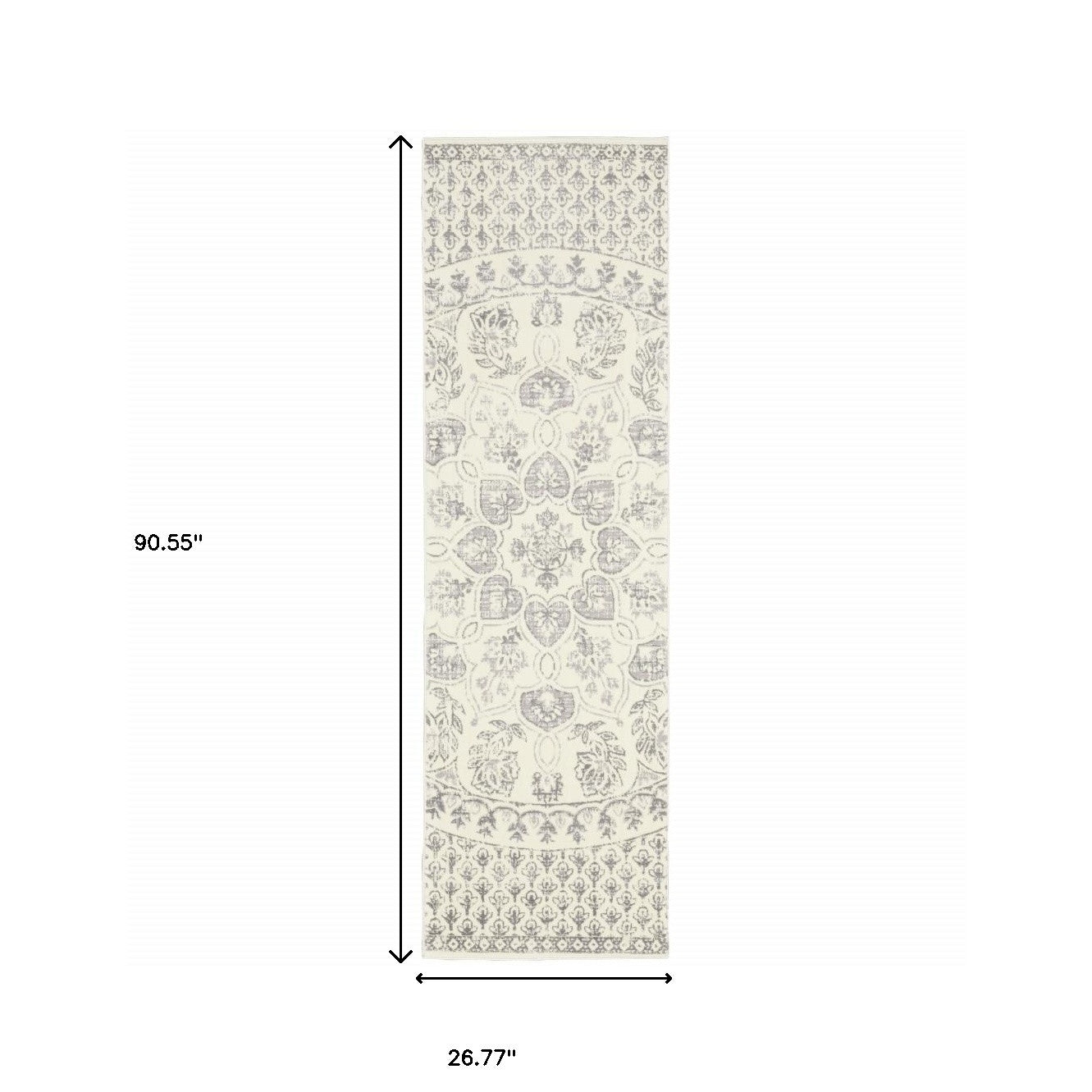 2' X 8' Ivory And Grey Floral Power Loom Stain Resistant Runner Rug