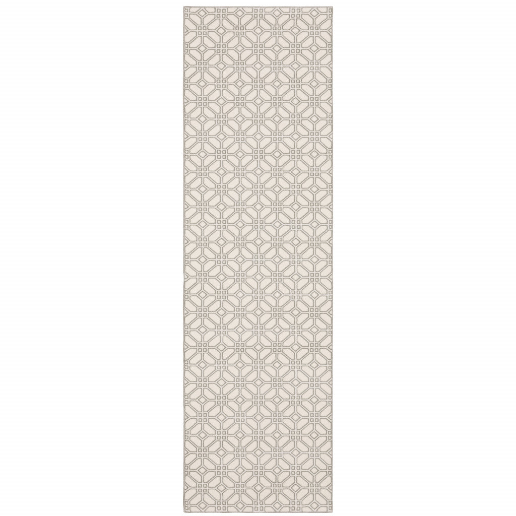 2' X 8' Ivory And Grey Geometric Power Loom Stain Resistant Runner Rug