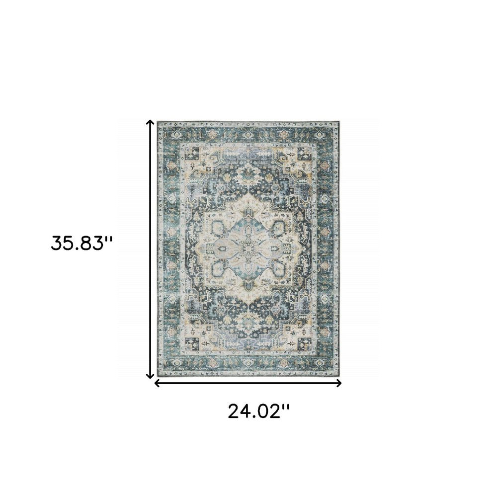 2' X 3' Blue And Ivory Oriental Distressed Area Rug