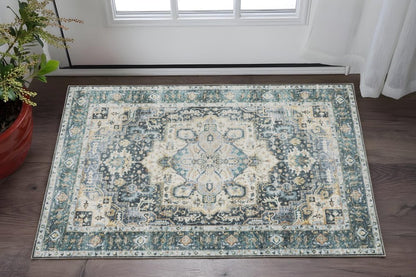2' X 3' Blue And Ivory Oriental Distressed Area Rug